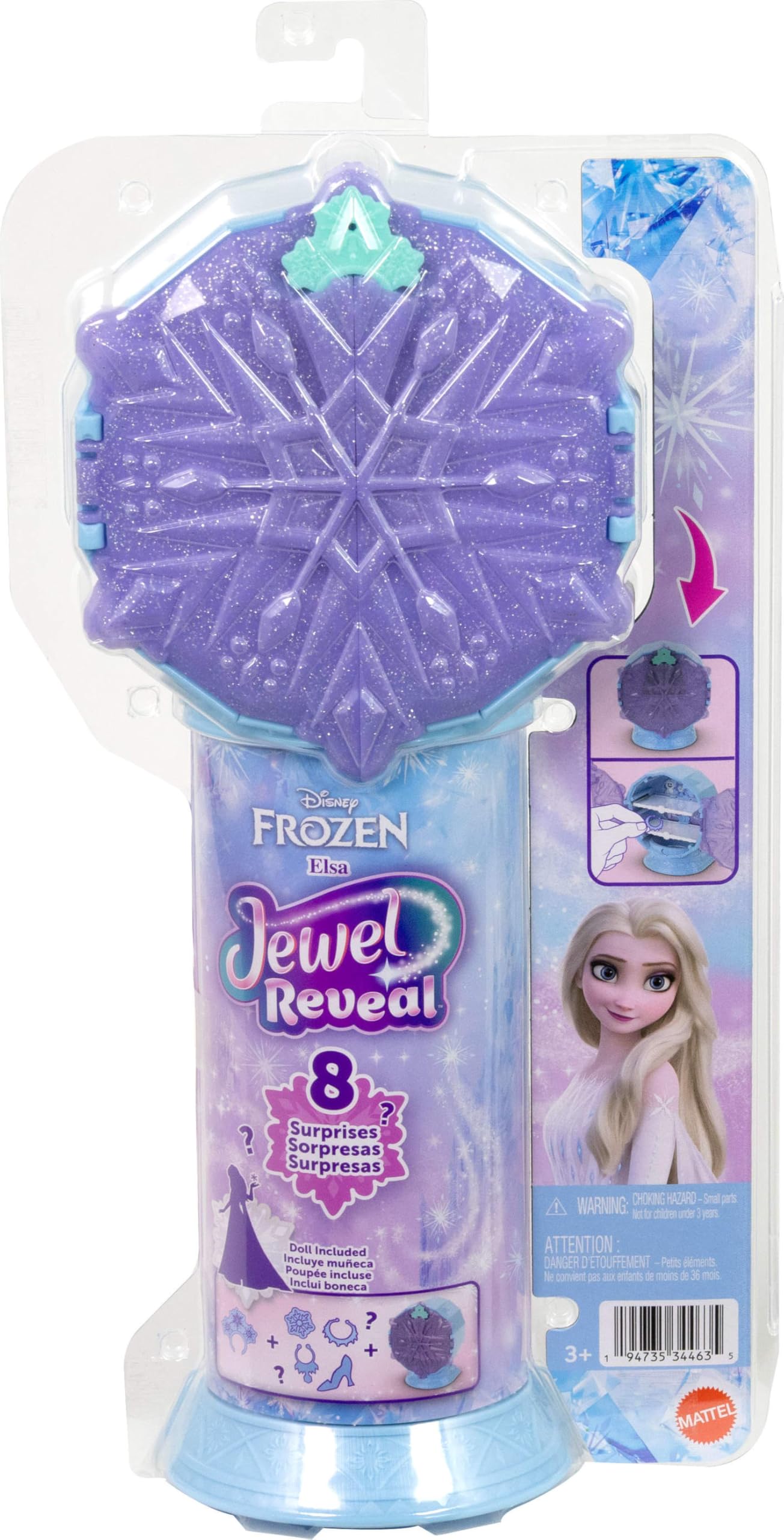 Mattel Filmden ilham alan Mattel Disney Karlar Ülkesi Elsa bebek, aksesuarlar, kar tanesi şeklinde değerli taş kutusu ile çocuk yüzüğü dahil 8 sürpriz ve 9 oyun parçası, JJY36