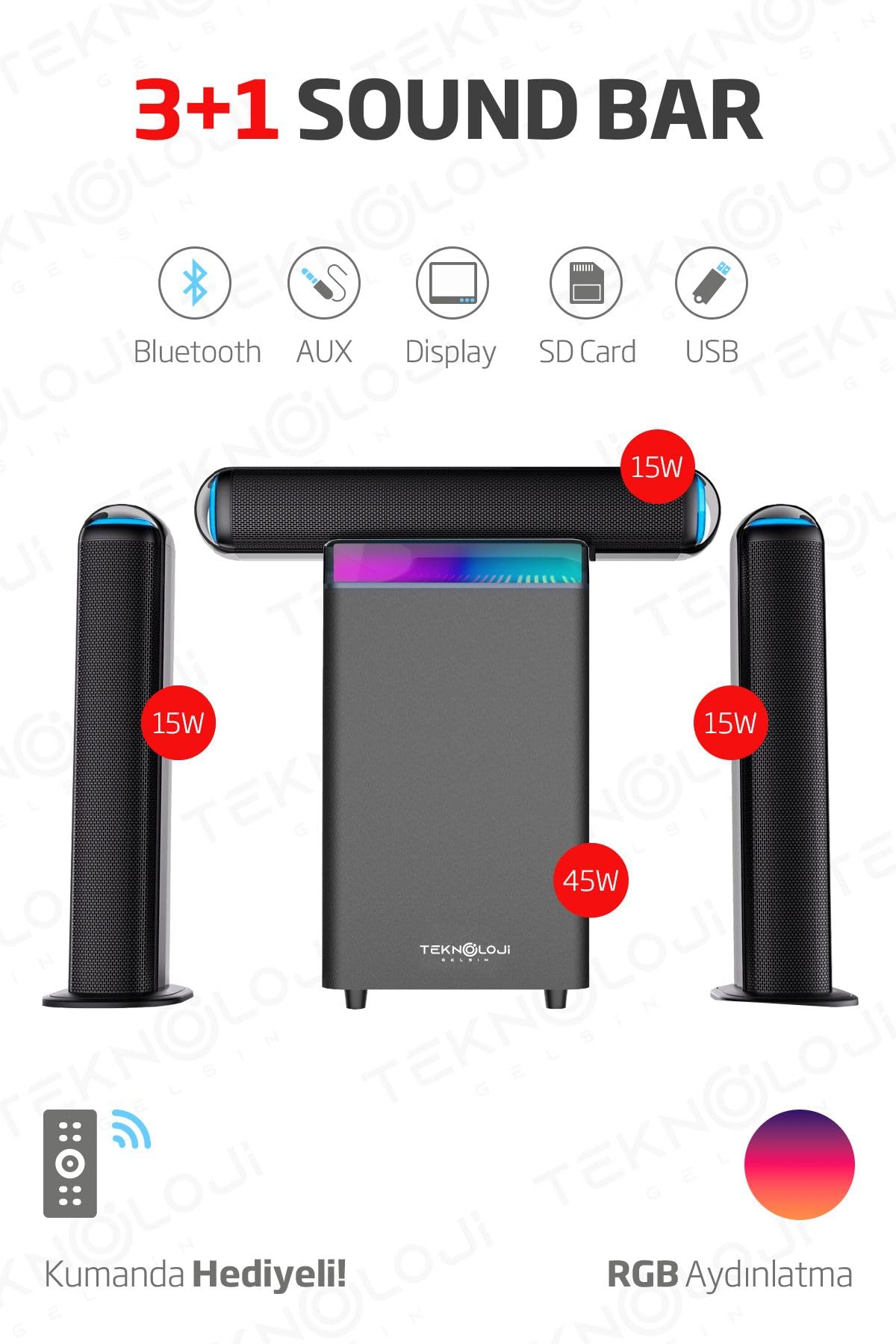 HP-TV01 3+1 Soundbar Ev Sinema Sistemi Stereo Hd Ses Kalitesi Rgb Kablolu 45W AMFİ 15WX3 SOUNDBAR