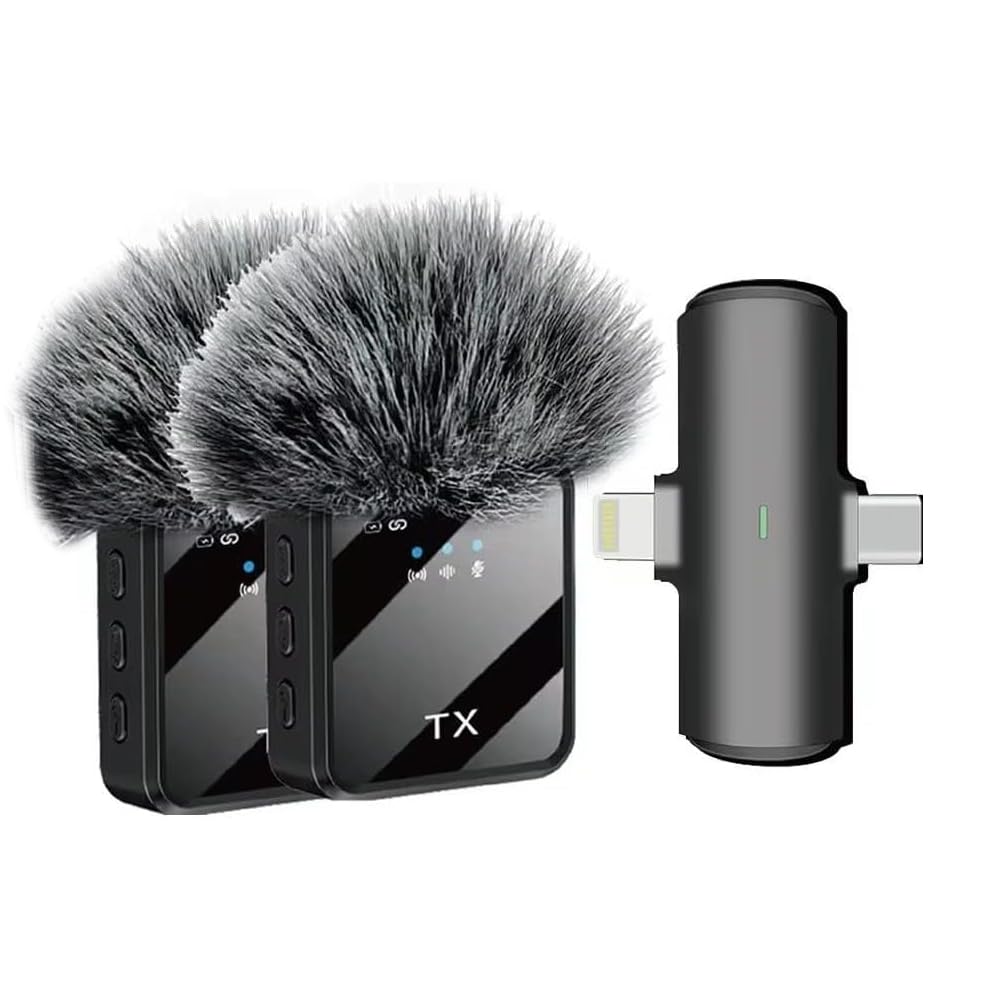 Coverzone Kablosuz Yaka Mikrofonu Çiftli Mikrofon iPhone 15 16 17 ile Uyumlu TYPE-C/Lightning Portlu Telefon PC Tablet Video Kayıt Röportaj Canlı Yayın Vlog Kablosuz Mikrofon F15-2