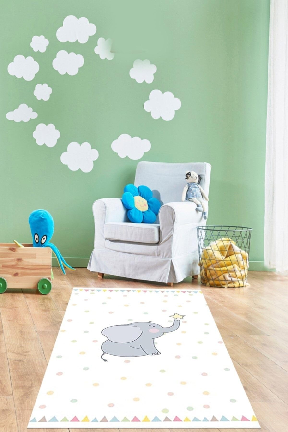 Pelangi Fil Desen Renkli Benekli Yıldızlı Dijital Baskı Yıkanabilir Kaymaz Taban Çocuk Ve Bebek Odası Halısı, Gri-Beyaz 160 x 350