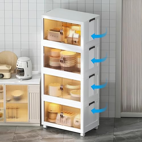 Deconox 4 Kat Portatif Organizer Tekerlekli Çok Amaçlı Katlanabilir Dolap, Kapaklı Düzenleyici Raf Mutfak, Banyo, Çocuk Odası, Garaj ve Ardiye için Toparlayıcı Ünite, Stop Tekerlekli (BEYAZ)