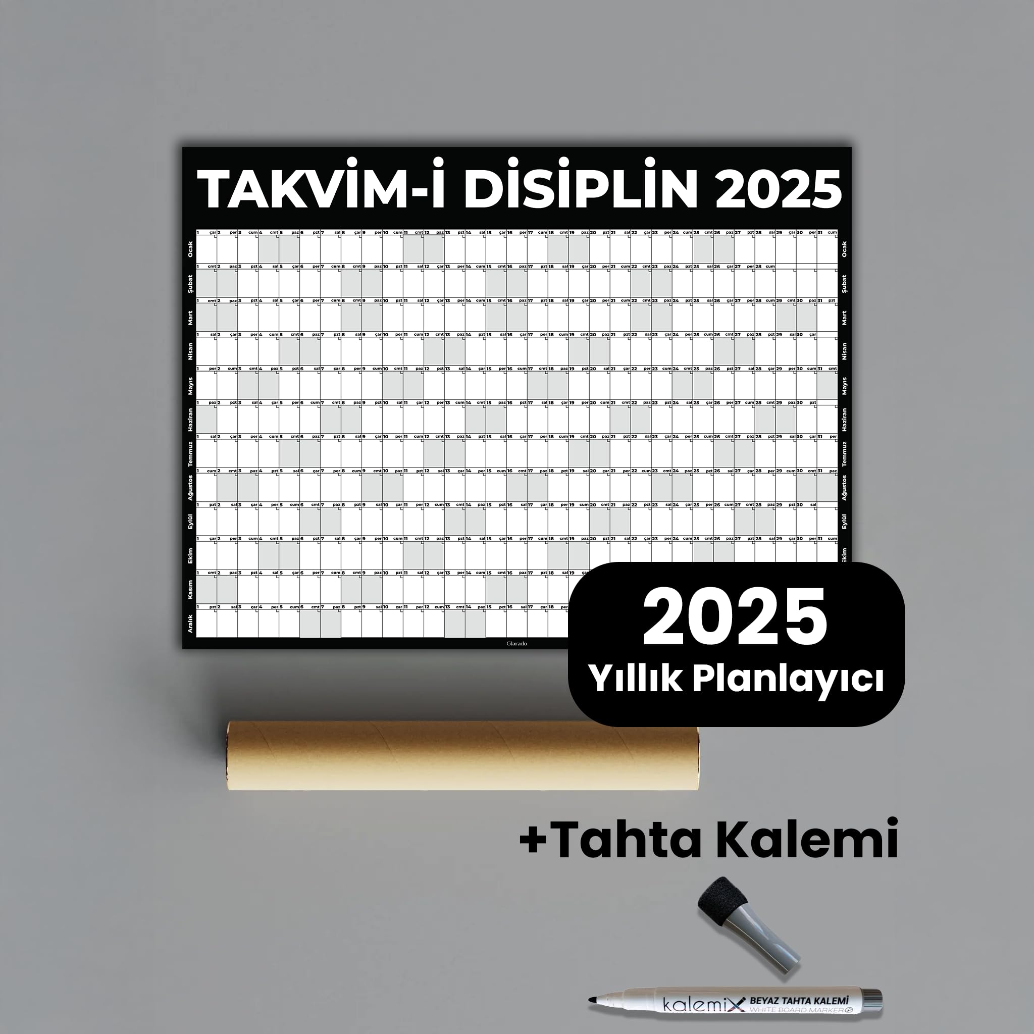 Takvim-i Disiplin 2025 | Yıllık Planlayıcı - Yapışkansız Statik Duvar Takvimi, Yaz-Sil Özelliği, Minimal Tasarım, Hedef Odaklı, Disiplin ve Motivasyon Takvimi