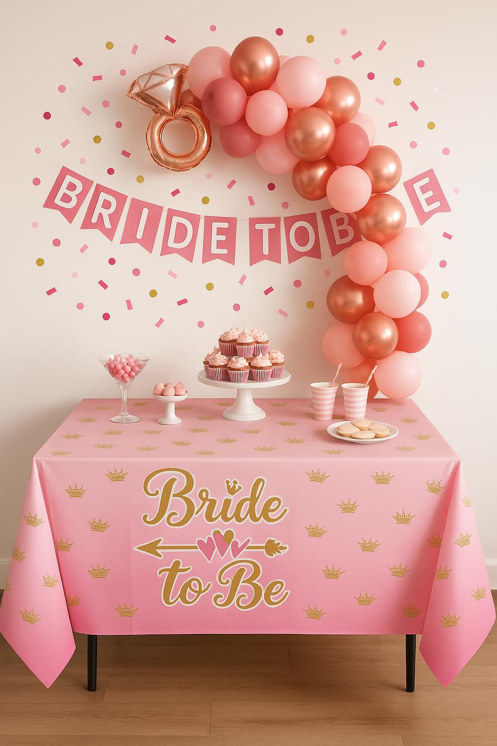Bride to Be Masa Örtüsü, Altın Taç Desenli, Pembe Renk, 120x180 cm, Bekarlığa Veda Partisi Süsleme
