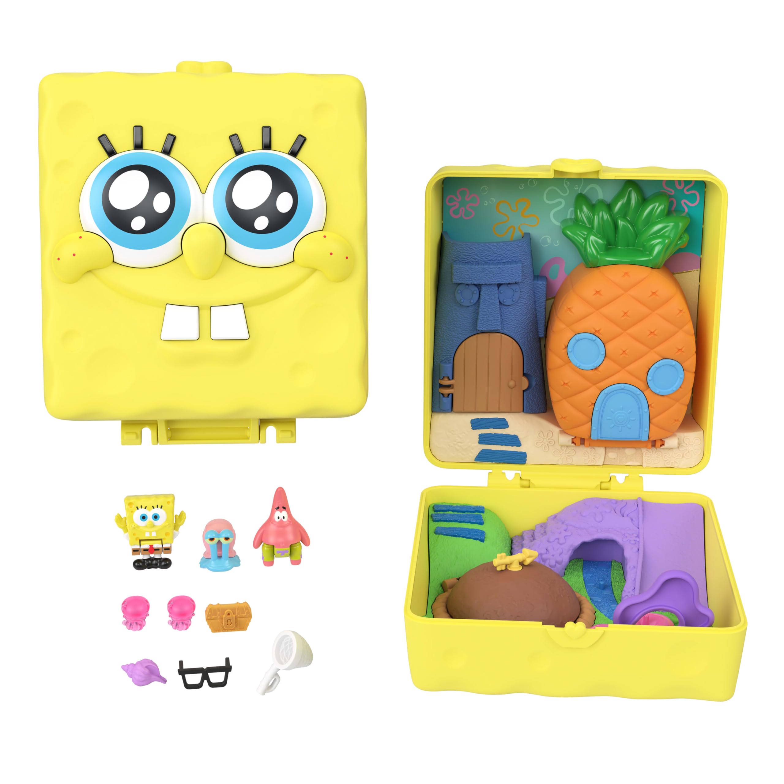 Polly Pocket ve Sünger Bob ortaklığından doğan mini oyun seti, mini Sünger Bob ve Patrick figürleri ve oyun seti, salyangoz Gary dahil 7 Aksesuar, JKC84