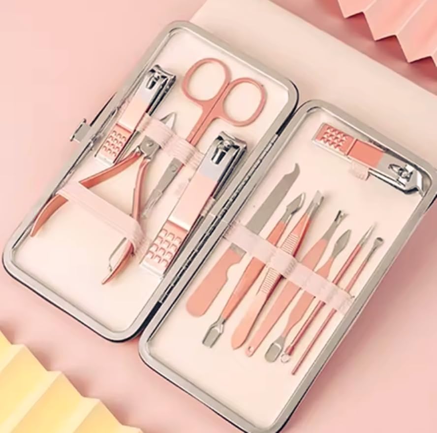 12 Parça Profesyonel Manikür Pedikür Seti, Paslanmaz Çelik Tırnak Bakım Seti, Rose Gold Taşınabilir