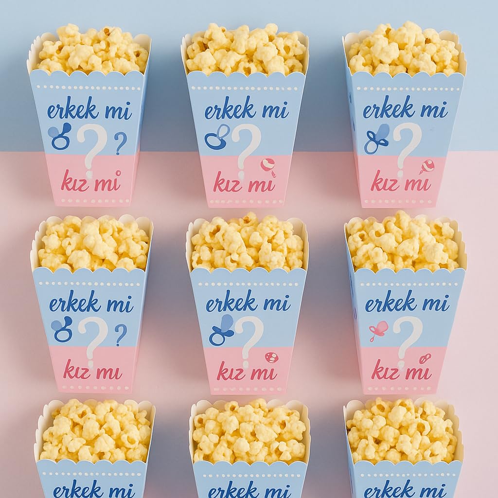 Partinity Kız mı Erkek mi Popcorn Kutusu, 8'li Set, Baby Shower ve Cinsiyet Partisi için Mısır Kutuları, Mavi-Pembe