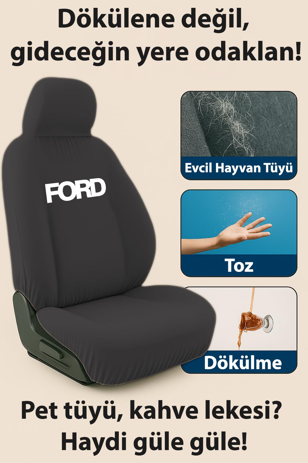 Terletmeyen kumas ve birebir uyum sunan Ford Tourneo Courier ile uyumlu oto koltuk kılıfı Siyah