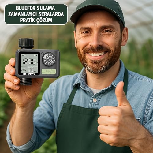 Bluefox Dijital Sulama Zamanlayıcı – Programlanabilir Bahçe Sulama Cihazı, Otomatik Hortum & Musluk Tipi Timer, LCD Ekran, Manuel Mod + Rain Delay, 3/4 Bağlantı, Pilli Dış Mekan Sulama Kontrol Cihazı