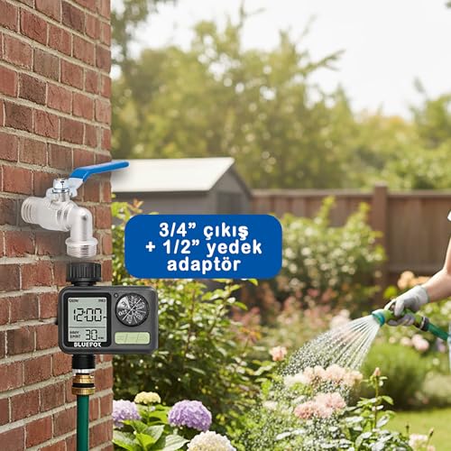 Bluefox Dijital Sulama Zamanlayıcı – Programlanabilir Bahçe Sulama Cihazı, Otomatik Hortum & Musluk Tipi Timer, LCD Ekran, Manuel Mod + Rain Delay, 3/4 Bağlantı, Pilli Dış Mekan Sulama Kontrol Cihazı