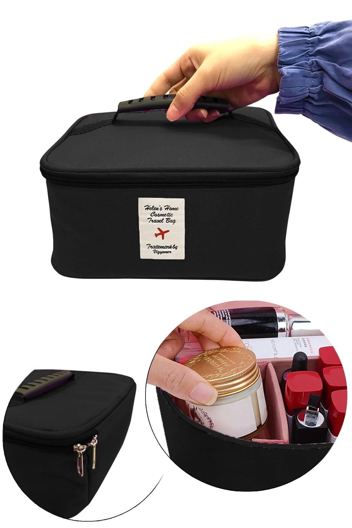 Seyahat Tipi Bölmeli Makyaj Kozmetik Çantası Organizer (Siyah)