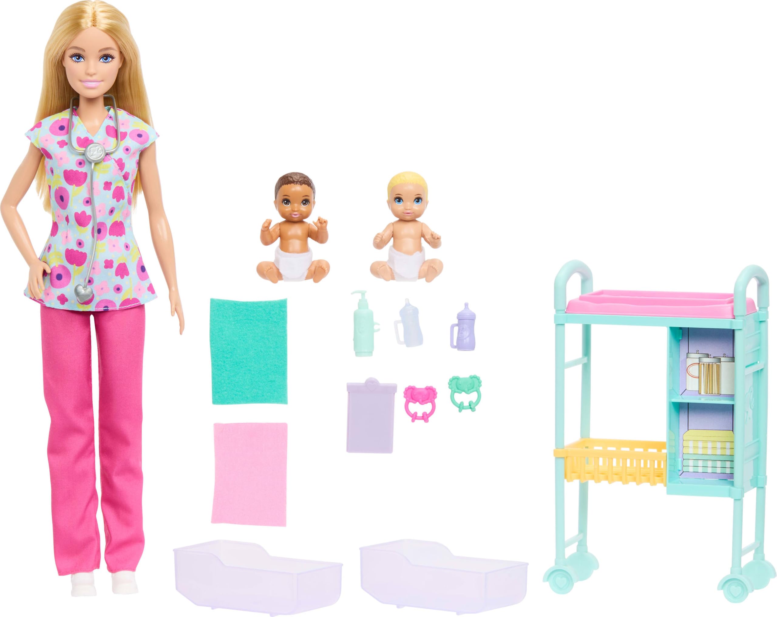 Barbie Kariyer Bebekleri çocuk doktoru oyun seti, üniforma giyen sarışın Barbie bebek, 2 bebek figürü, muayene masası ve aksesuarlar, JMK12