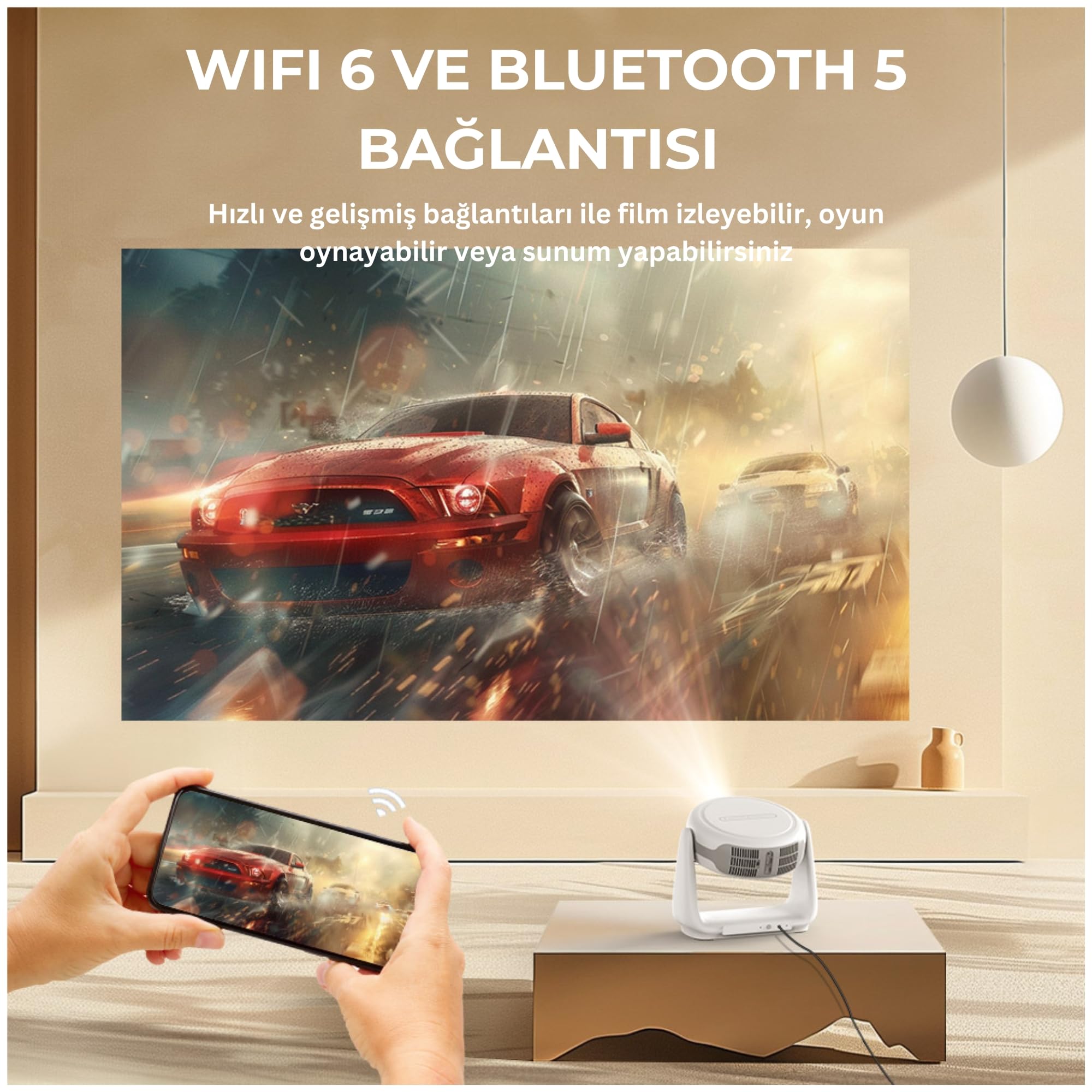 4K Şarjlı Projeksiyon Cihazı, 1080P Full HD Görüntü Kalitesi, Uzun Şarj Ömrü, WiFi 6 Bluetooth 5 Bağlantı, Android TV 11, Otomatik Odaklanma, 30"-200" Görüntü, Ev Ofis Bahçe ve Kamp İçin Projektör