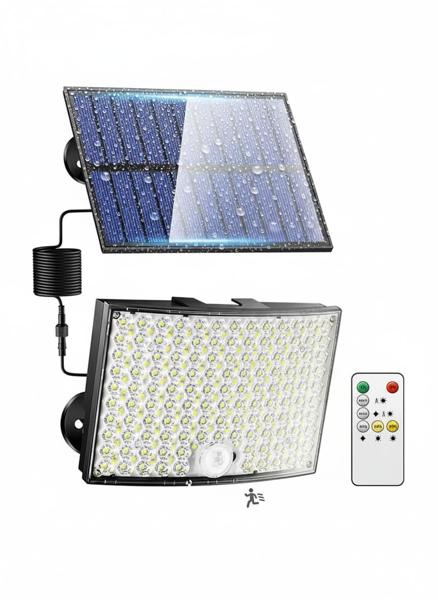 Amber LED 268 LED'li Solar Projektör – 60W, 5400 Lümen, 10 Metre Kablolu, IP65 Su Geçirmez, 6500K Beyaz Işık, Hareket Sensörlü Güneş Enerjili Dış Mekan Aydınlatma