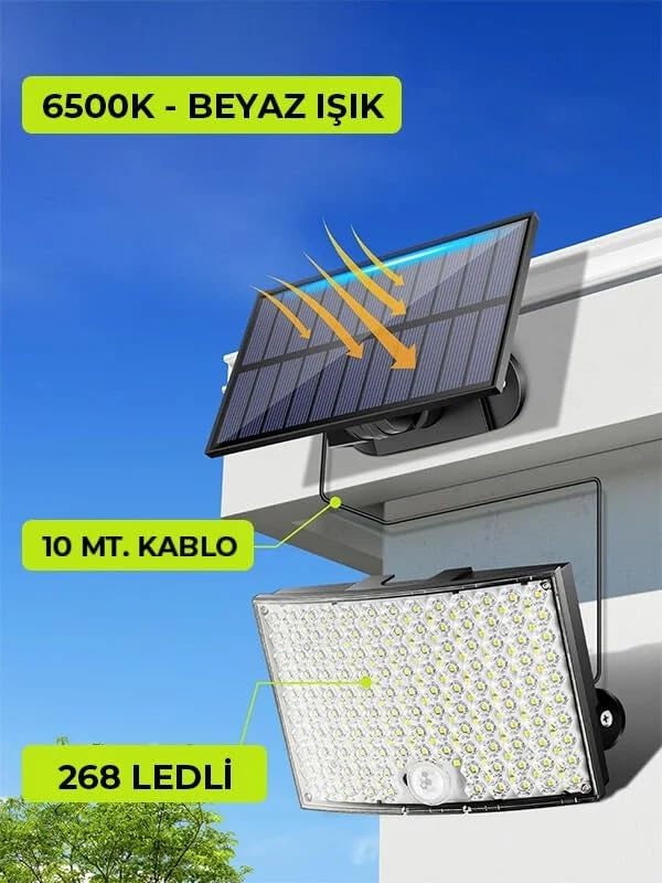 Amber LED 268 LED'li Solar Projektör – 60W, 5400 Lümen, 10 Metre Kablolu, IP65 Su Geçirmez, 6500K Beyaz Işık, Hareket Sensörlü Güneş Enerjili Dış Mekan Aydınlatma