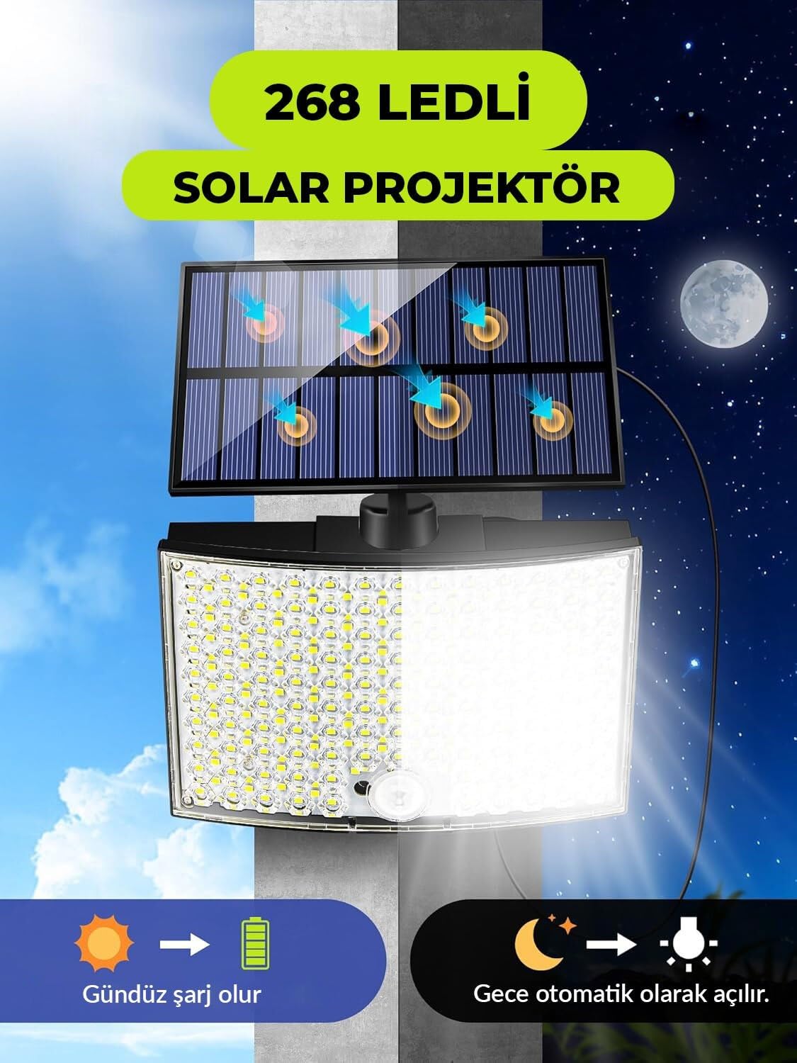 Amber LED 268 LED'li Solar Projektör – 60W, 5400 Lümen, 10 Metre Kablolu, IP65 Su Geçirmez, 6500K Beyaz Işık, Hareket Sensörlü Güneş Enerjili Dış Mekan Aydınlatma