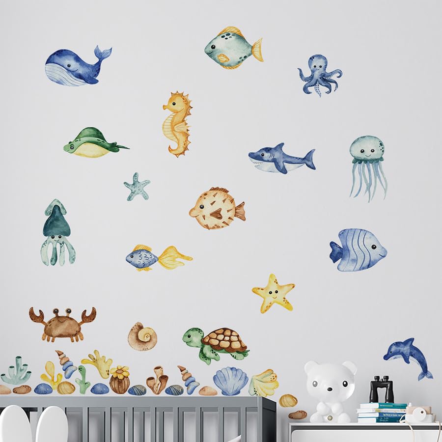 Çocuk Bebek Odası 37li Sevimli Deniz Canlıları Sticker Seti, Kreş Anaokulu Duvar Çıkartmaları (DF0601)