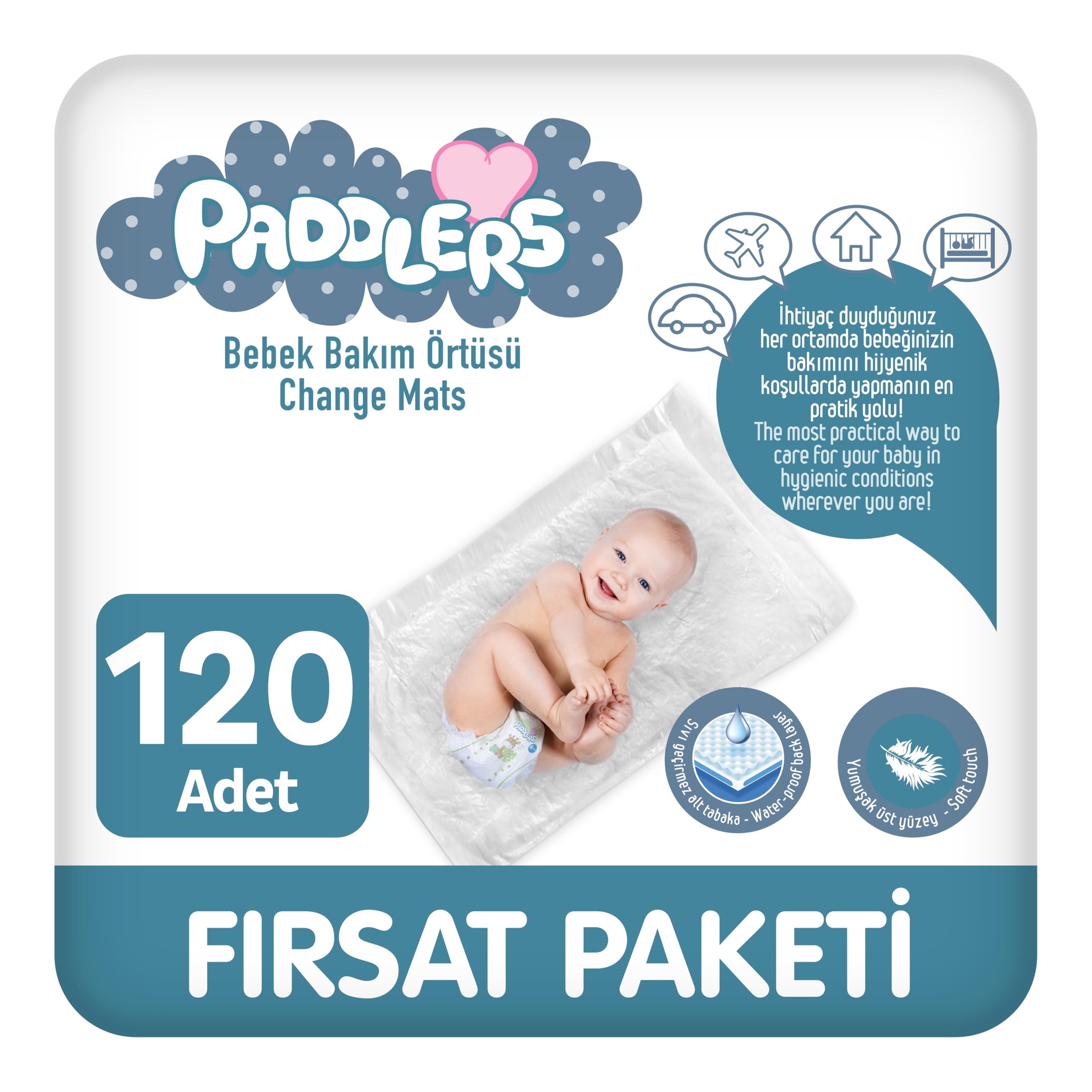 Paddlers Bebek Bakım Örtüsü 60x60 cm – 120 Adet (12 Paket x 10’lu) Yatak Koruyucu Alt Açma Bezi