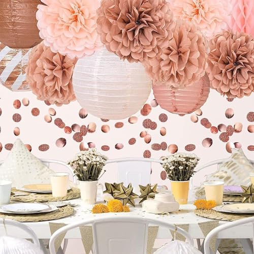 Aputue Parti süslemeleri, 11 PCS kağıt ponponlar ve fenerler ile petek top seti, Gül altın renkli dekorasyon ürünleri, Düğün nişan ve doğum günü kutlamaları için şık asma süsleri takımı