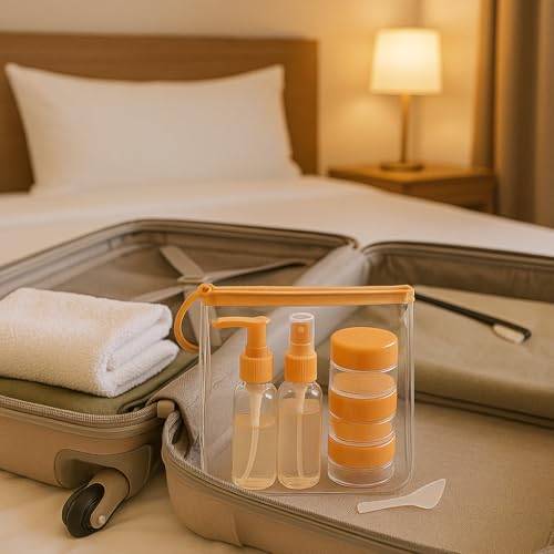 SUWORS Seyahat Kozmetik Seti 9 Parça – 3 Şişe + 3 Krem Kabı + Huni + Spatula + Şeffaf Çanta | Uçak İ