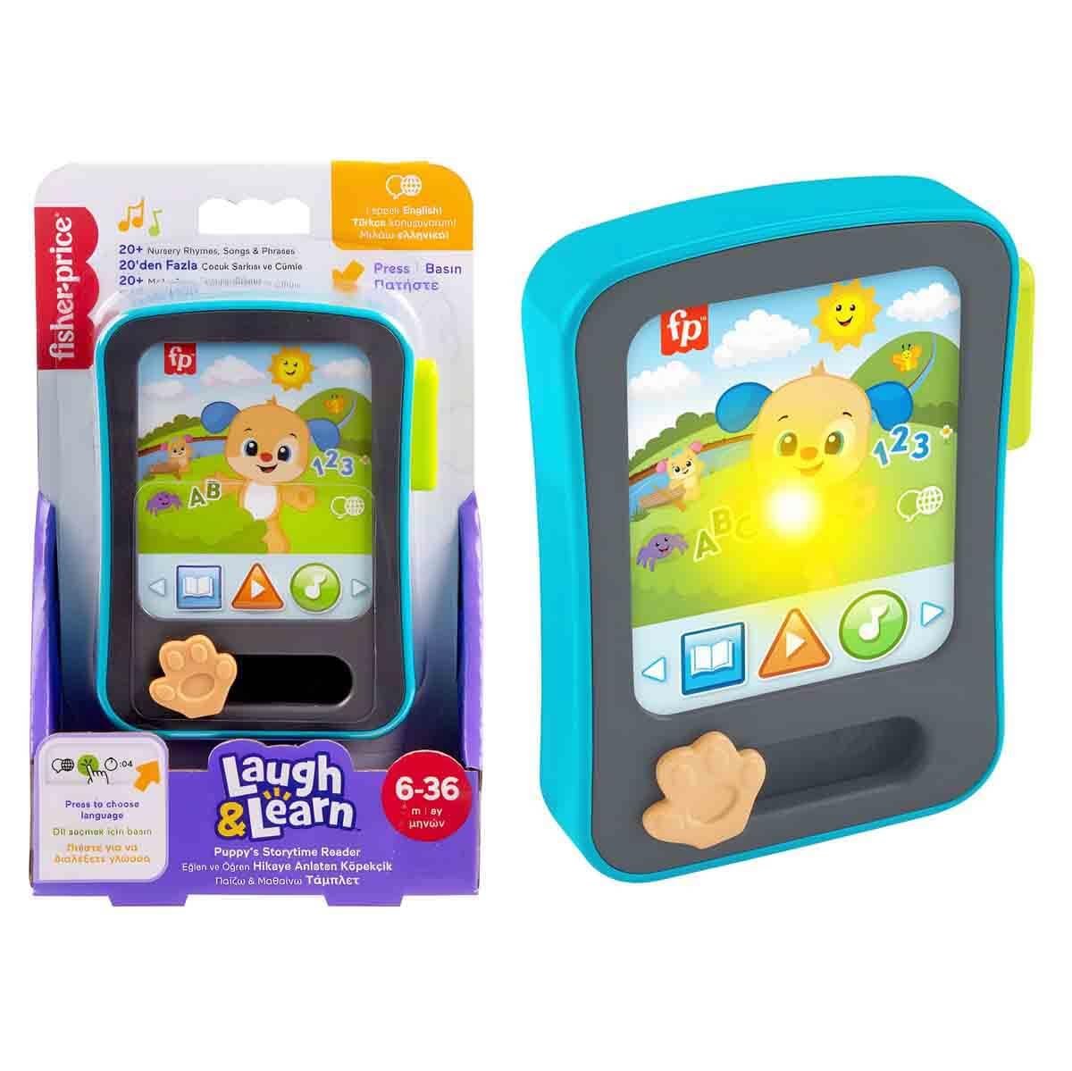 Birden fazla dil desteğiyle 6 ay ve üzeri bebekler için müzikli ve ışıklı Fisher-Price Eğlen ve Öğren Hikaye Anlatan Köpekçik oyuncak tablet, JGX02