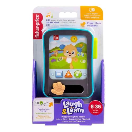 Birden fazla dil desteğiyle 6 ay ve üzeri bebekler için müzikli ve ışıklı Fisher-Price Eğlen ve Öğren Hikaye Anlatan Köpekçik oyuncak tablet, JGX02