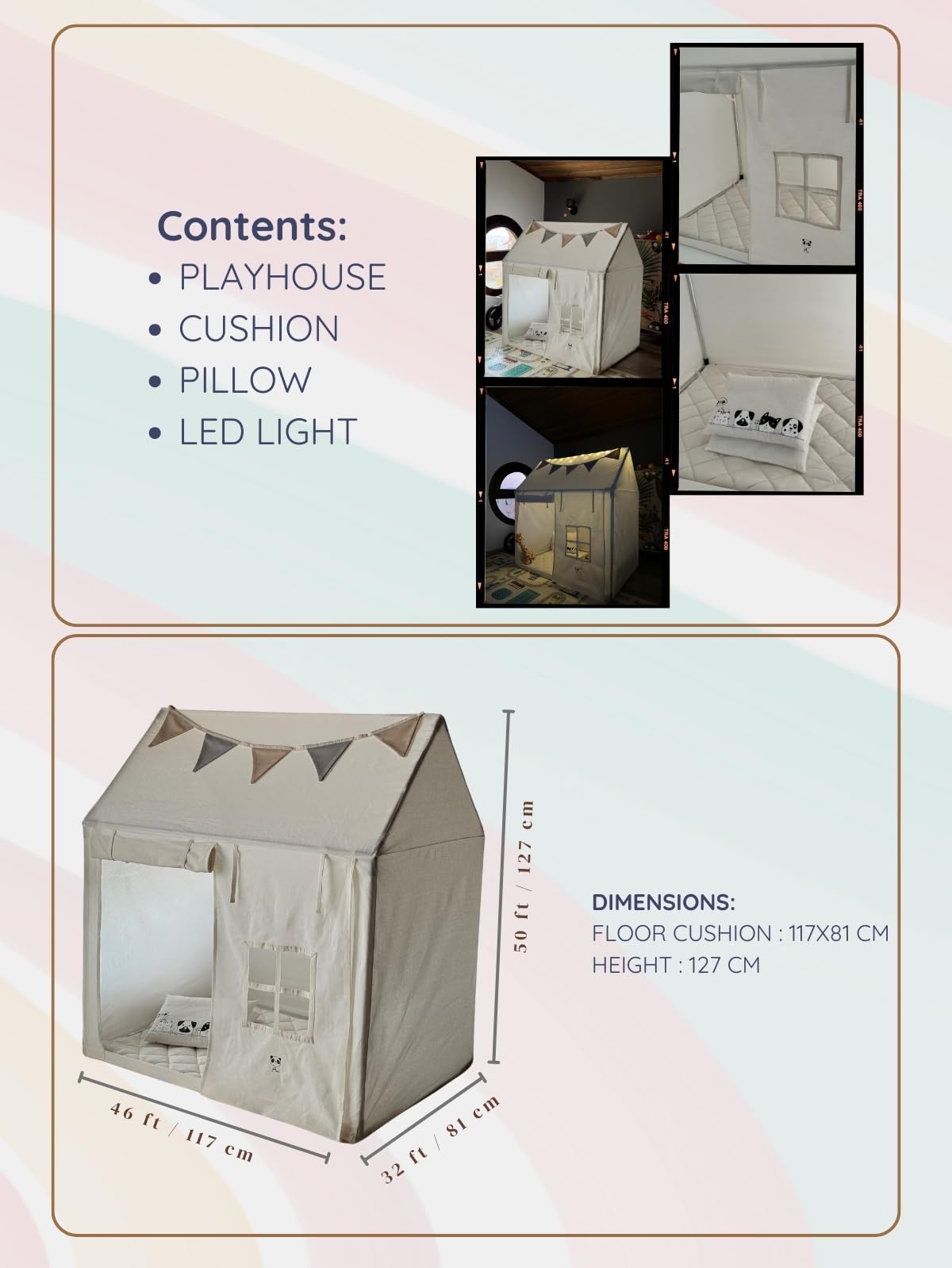 LED Işıklı Çocuk Oyun Evi | Pamuklu Oyun Çadırı – Minder & 2 Yastık Dahil | 120×80×130 cm | Bej | İç & Dış Mekân