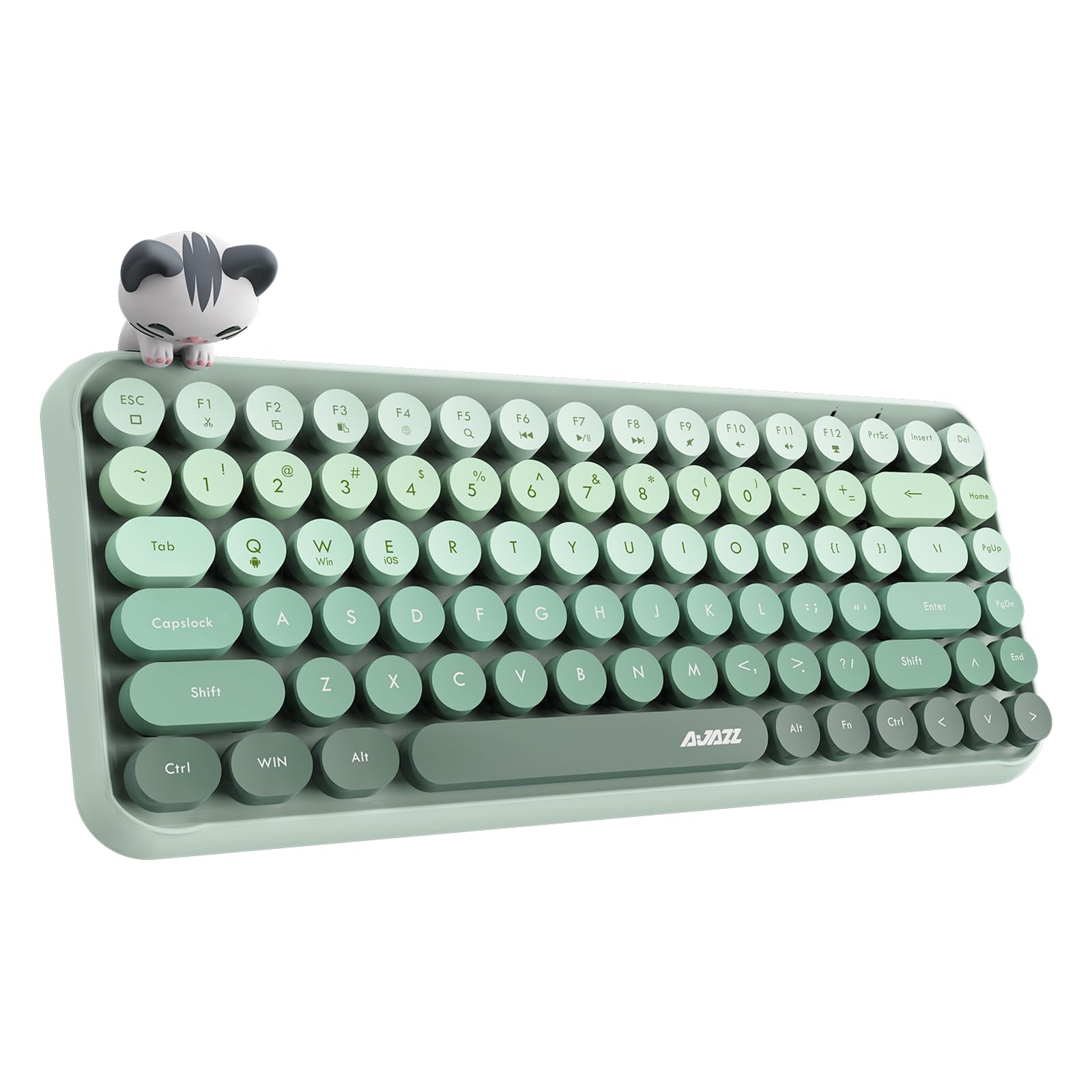 Coverzone Kablosuz Bluetooth Retro Sessiz Klavye – Yuvarlak Tuşlu, Kedi Süs Aksesuarı, 84 Tuşlu, Taşınabilir, Akıllı Uyku Modu, Ergonomik Tasarım, Tablet Telefon Uyumlu, AJAZZ AJ308i Yeşil