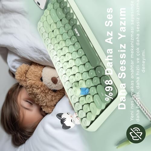Coverzone Kablosuz Bluetooth Retro Sessiz Klavye – Yuvarlak Tuşlu, Kedi Süs Aksesuarı, 84 Tuşlu, Taşınabilir, Akıllı Uyku Modu, Ergonomik Tasarım, Tablet Telefon Uyumlu, AJAZZ AJ308i Yeşil