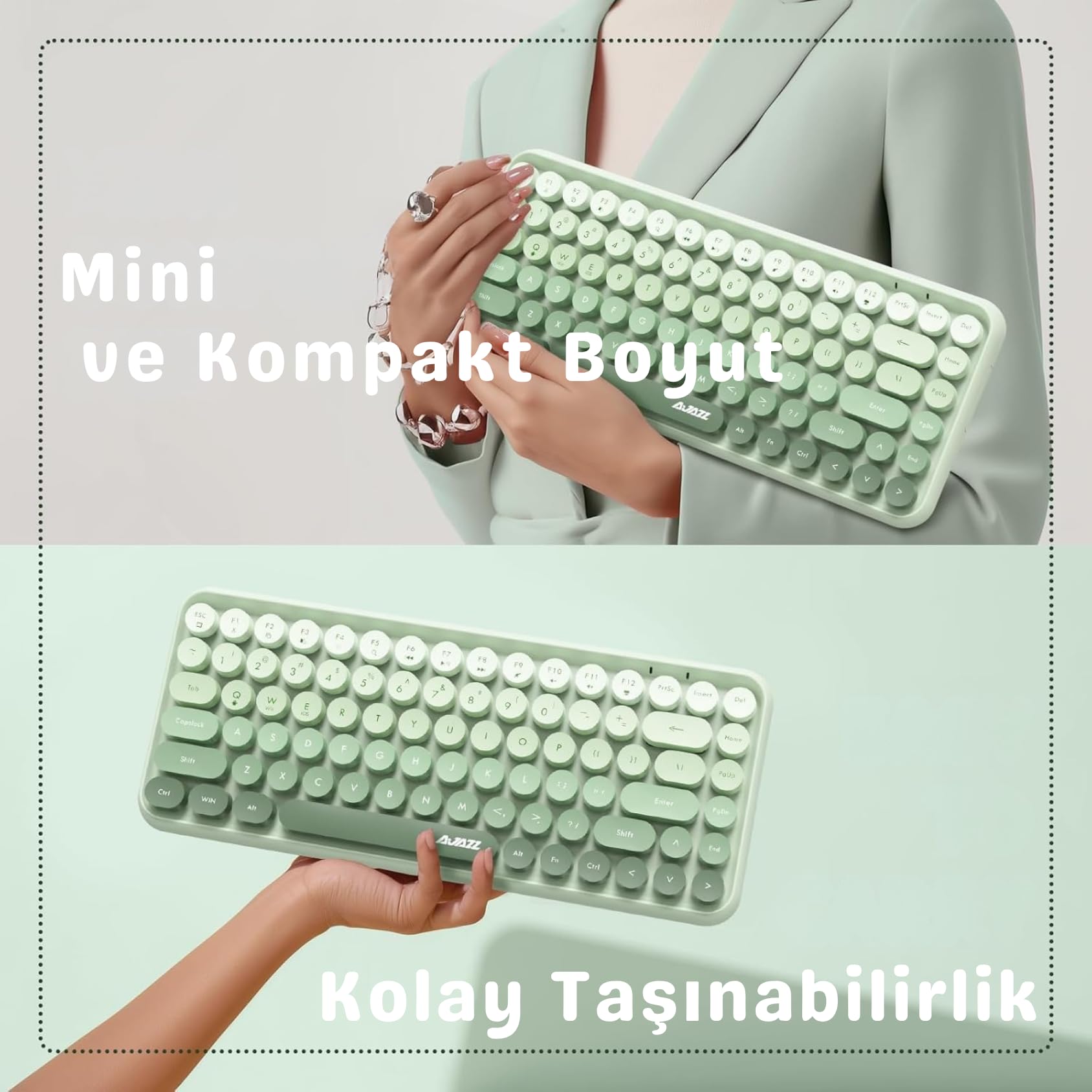 Coverzone Kablosuz Bluetooth Retro Sessiz Klavye – Yuvarlak Tuşlu, Kedi Süs Aksesuarı, 84 Tuşlu, Taşınabilir, Akıllı Uyku Modu, Ergonomik Tasarım, Tablet Telefon Uyumlu, AJAZZ AJ308i Yeşil