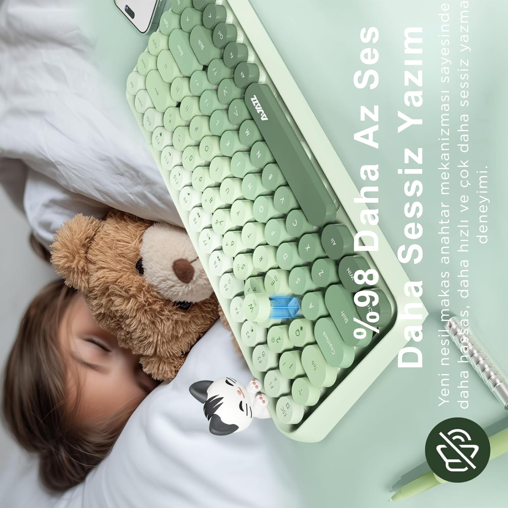 Coverzone Kablosuz Bluetooth Retro Sessiz Klavye – Yuvarlak Tuşlu, Kedi Süs Aksesuarı, 84 Tuşlu, Taşınabilir, Akıllı Uyku Modu, Ergonomik Tasarım, Tablet Telefon Uyumlu, AJAZZ AJ308i Yeşil