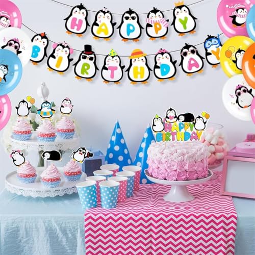 Xspring Parti Doğum Günü Süslemeleri, 39 Parça Penguen Temalı Doğum Günü Dekor Seti, Mutlu Yıllar Pankartı, Pasta Süsü, Lateks Balonlar, Kız ve Erkek Çocuklar İçin
