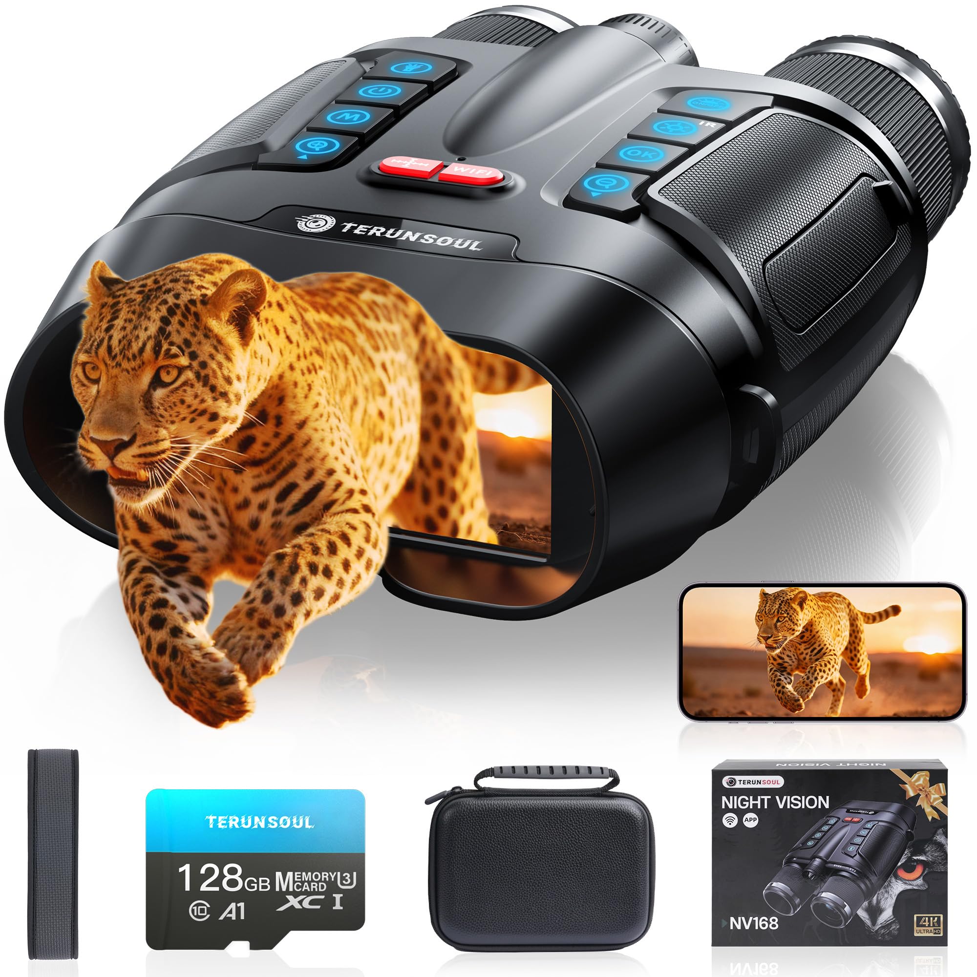 Gece Görüş Gözlükleri - Smart APP 4K Gece Görüş Dürbünleri, 10000mAh Pil, 128GB Kart Dahil, 3'' UHD Ekran ve 8X Zoom Dürbün, Kamp, Avcılık, Güvenlik için 2000FT Menzil Gözlükleri (Siyah)