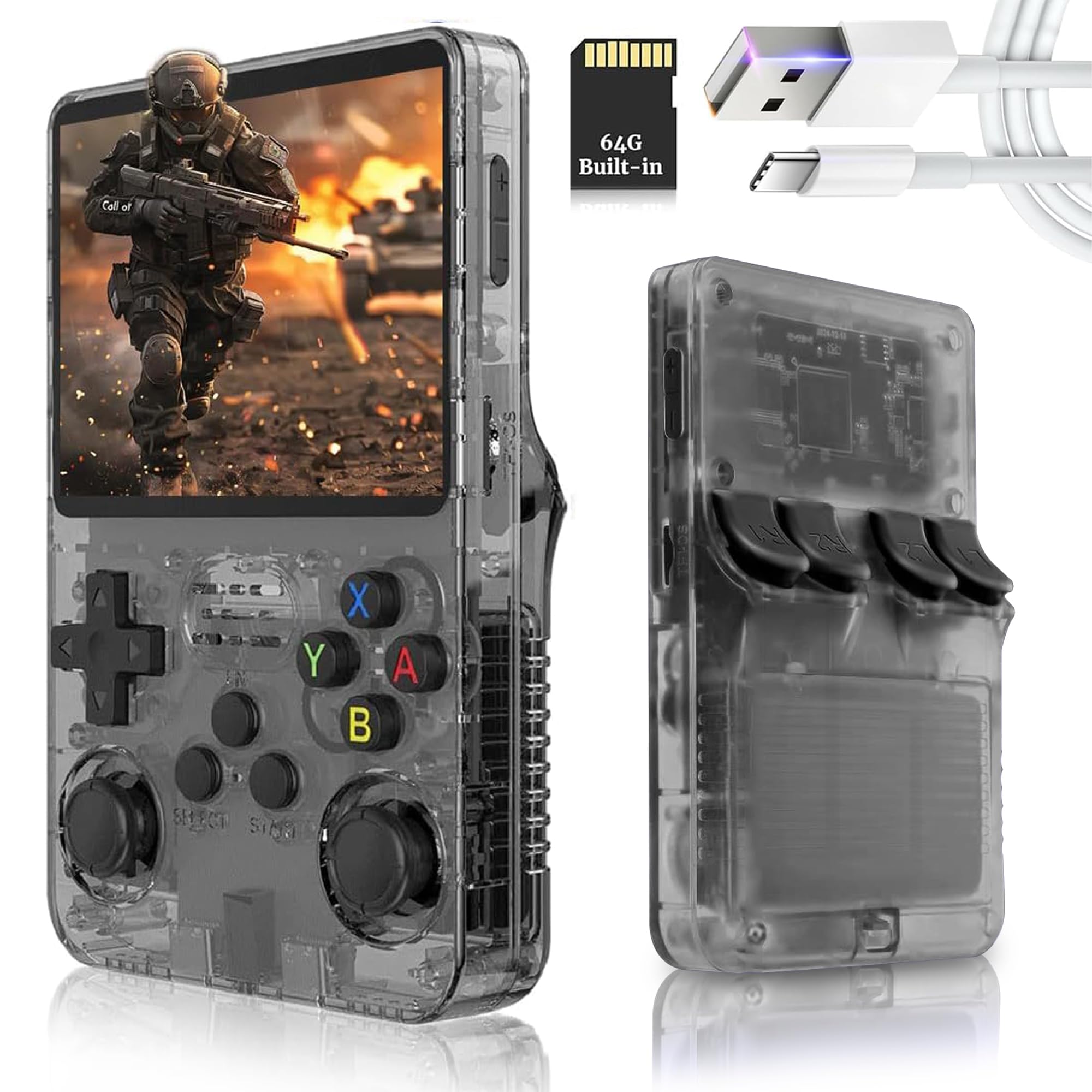 R36S Retro El Oyun Konsolu 64 GB Dahili 20.000+ Klasik Video Oyunları - Taşınabilir Oyun Konsolu - Linux Sistemi IPS 3,5" Ekran - Şarj Edilebilir Pil - Gençler ve Yetişkinler için (Siyah)