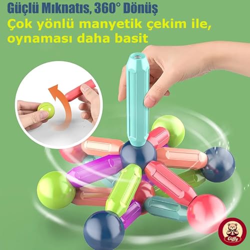 Oyuncak 25 Parça Manyetik Çubuklar ve Toplar Çocuklar İçin Eğitici Öğretici Set Kutulu STEM Oyuncağı