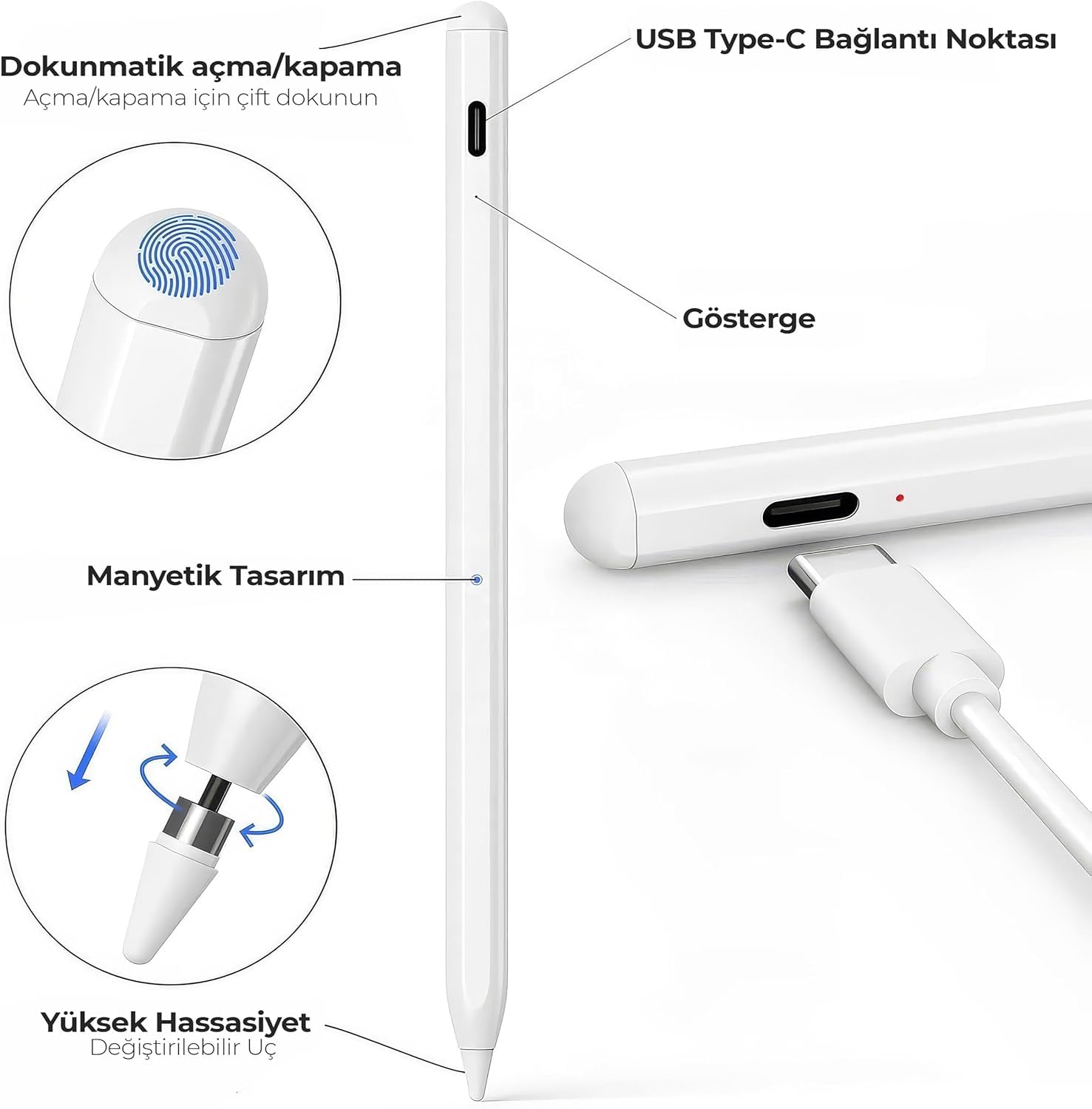 Tablet Kalemi iPad Uyumlu – Stylus Kalem, Avuç İçi Reddetme & Eğim Özelliği, Hassas Yazım, 2 Yedek Uç Dahil, iPad Pro/iPad Mini/iPad Air