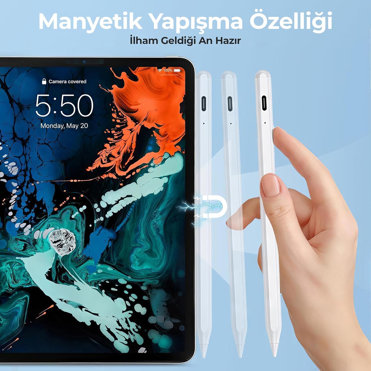 Tablet Kalemi iPad Uyumlu – Stylus Kalem, Avuç İçi Reddetme & Eğim Özelliği, Hassas Yazım, 2 Yedek Uç Dahil, iPad Pro/iPad Mini/iPad Air