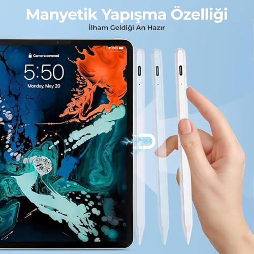 Tablet Kalemi iPad Uyumlu – Stylus Kalem, Avuç İçi Reddetme & Eğim Özelliği, Hassas Yazım, 2 Yedek Uç Dahil, iPad Pro/iPad Mini/iPad Air