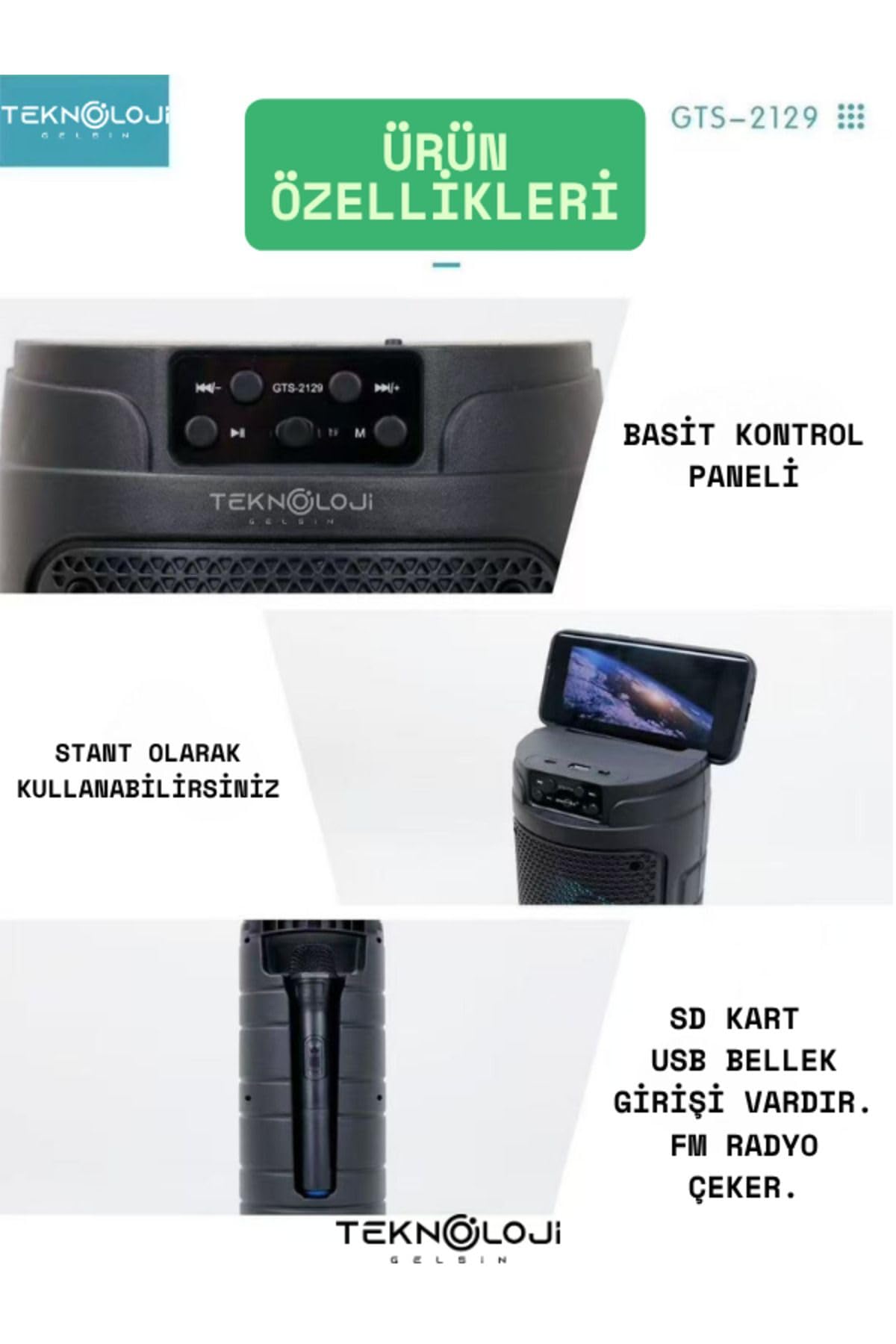 Teknoloji Gelsin Bluetooth Karaoke Hoparlör, RGB Işıklı, 33 cm, FM Radyo, SD Kart/USB/AUX Girişli, Kablosuz Mikrofonlu