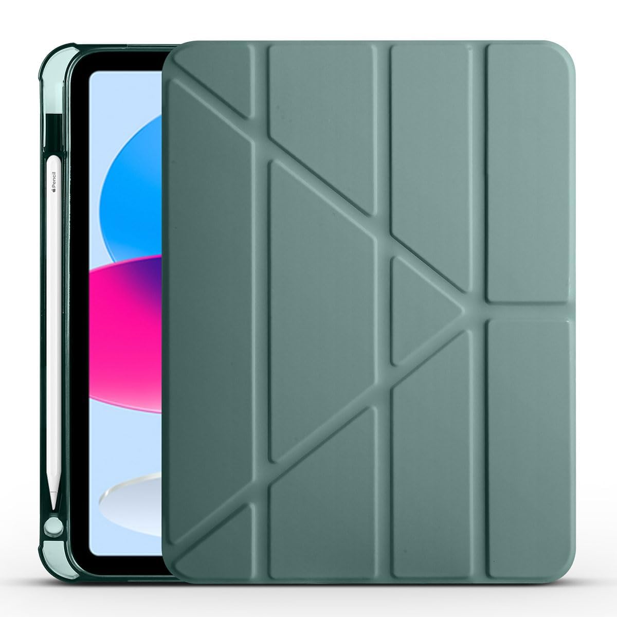 Babilden Apple iPad ile Uyumlu Kalem Bölmeli Trifolding Cover Tablet Kılıf Katlanabilir Standlı Otomatik Uyku Modlu Darbe Emici İnce Tasarım (Yeşil, iPad 9.Nesil 10.2/10.5)
