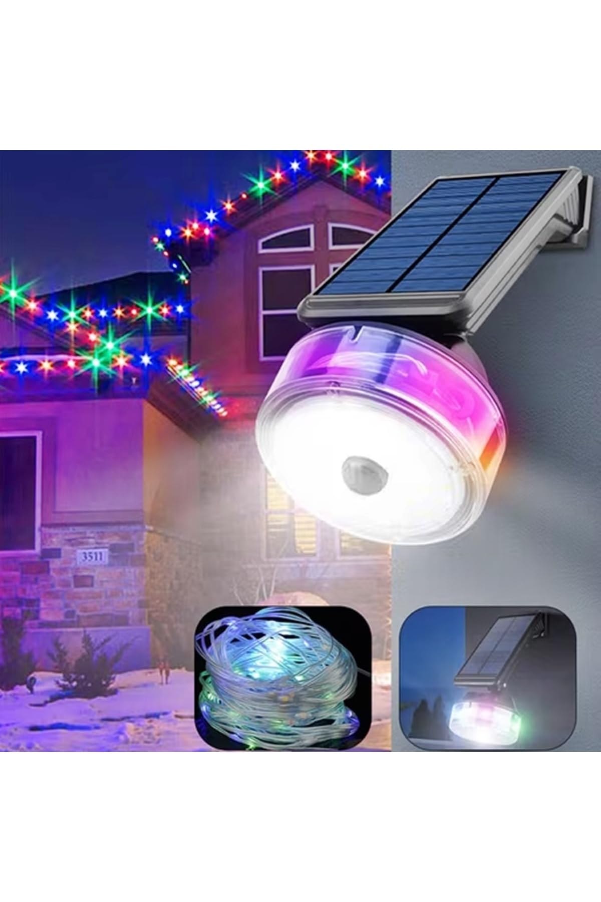 Güneş Enerjili 2 ADET Beyaz Hareket Sensörlü Dış Mekan Aydınlatma + 8 Metre RGB Peri Led YD-2333