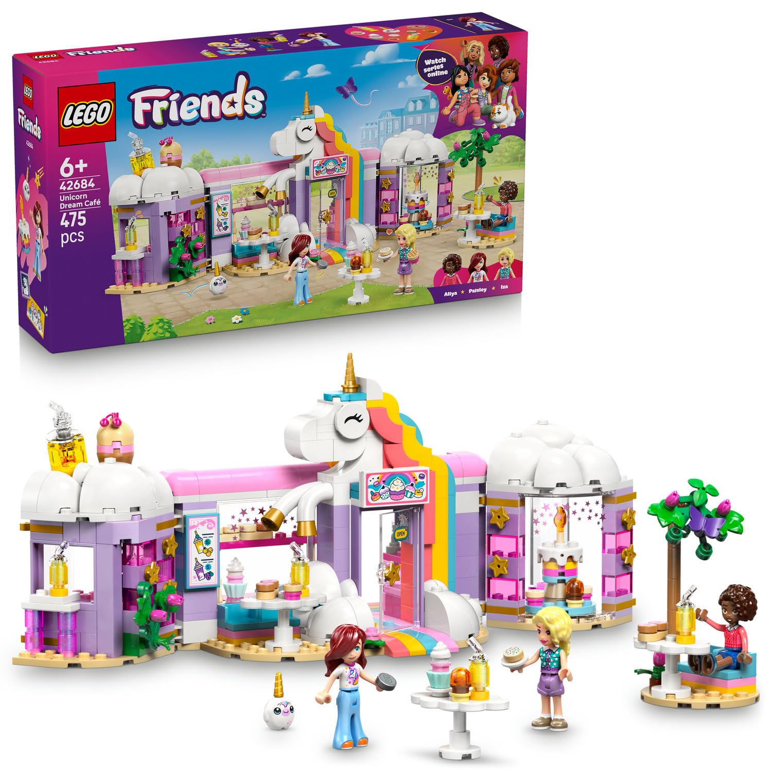 LEGO Friends Renkli Düşler Kafe 42684 – 6 Yaş ve Üzeri Çocuklar için Paisley, Aliya ve Iza Mini Bebekleri ile Çeşitli Kafe Aksesuarları İçeren Yaratıcı Oyuncak Yapım Seti, Hediye Fikri (475 Parça)