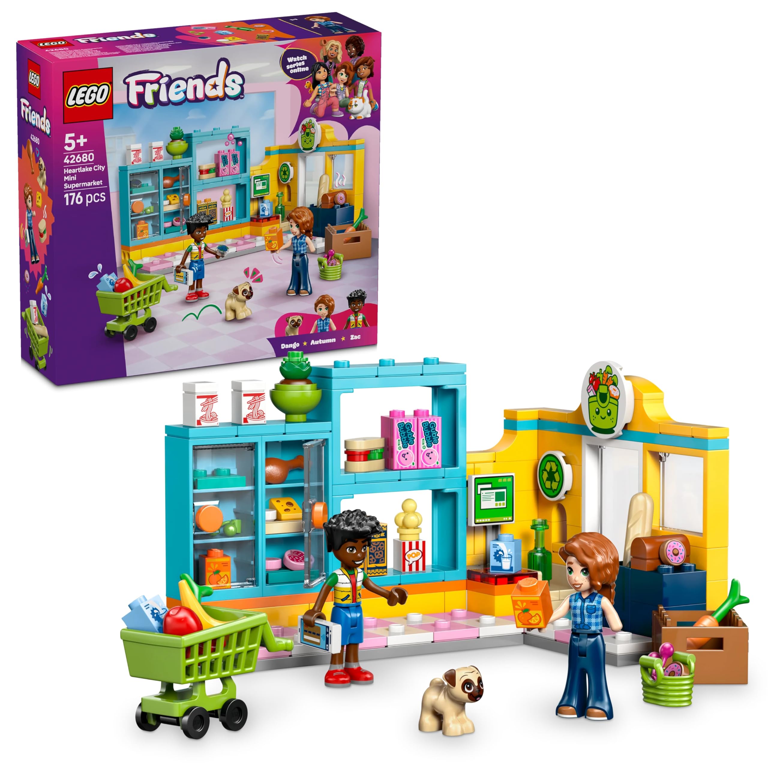 LEGO Friends Heartlake Şehri Marketi 42680 – 5 Yaş ve Üzeri Çocuklar için Autumn ve Zac Mini Bebekleri ile Köpek Figürü İçeren Yaratıcı Oyuncak Yapım Seti, Doğum Günü Hediyesi Fikri (176 Parça)