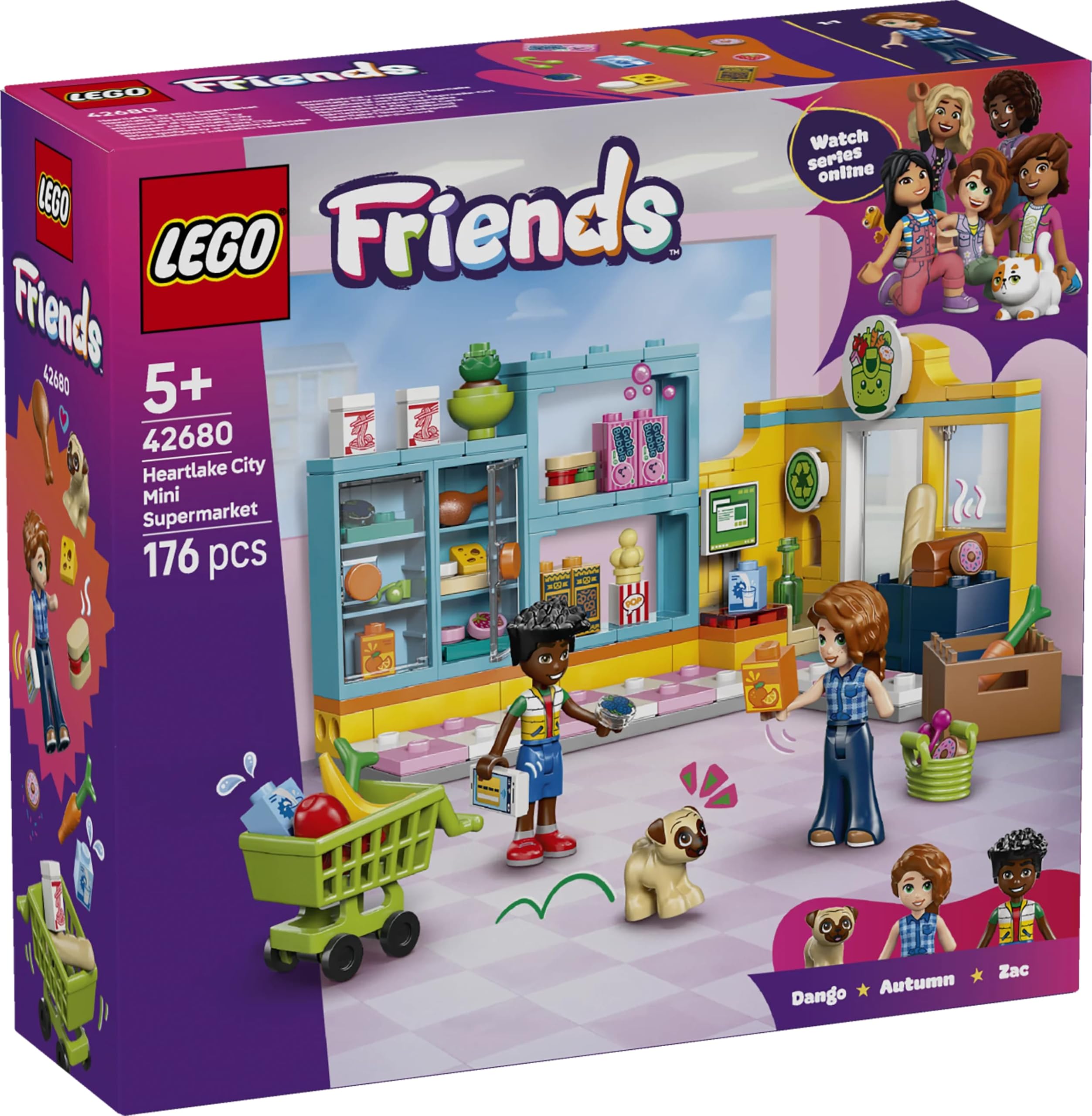 LEGO Friends Heartlake Şehri Marketi 42680 – 5 Yaş ve Üzeri Çocuklar için Autumn ve Zac Mini Bebekleri ile Köpek Figürü İçeren Yaratıcı Oyuncak Yapım Seti, Doğum Günü Hediyesi Fikri (176 Parça)