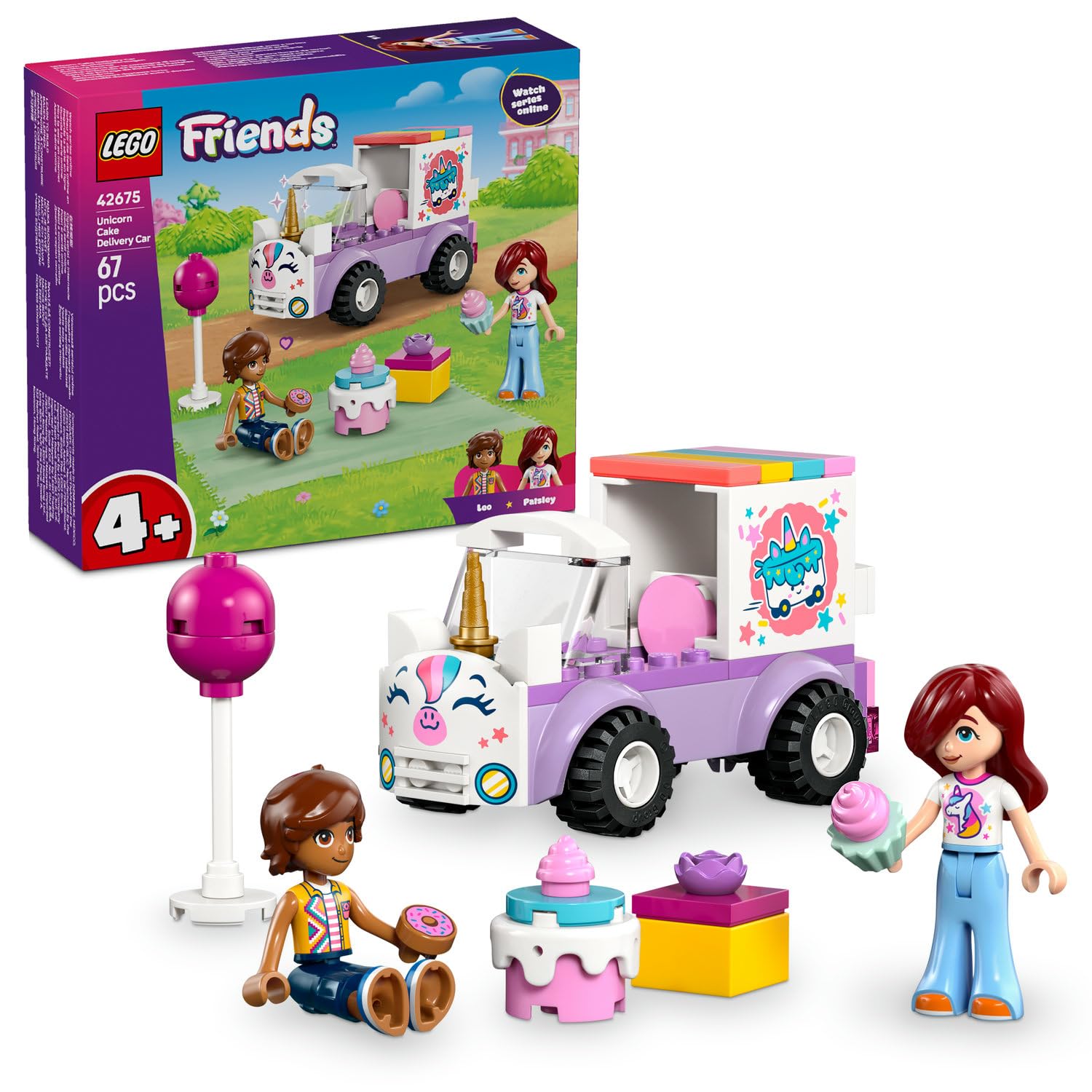LEGO Friends Tek Boynuzlu At Pasta Dağıtım Arabası 42675 – 4 Yaş ve Üzeri Çocuklar için Paisley ve Leo Mini Bebekleri ile Oyuncak Kek İçeren Yaratıcı Oyuncak Yapım Seti, Hediye Fikri (67 Parça)