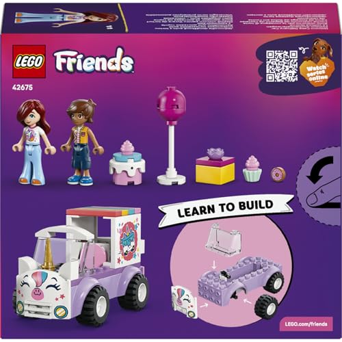 LEGO Friends Tek Boynuzlu At Pasta Dağıtım Arabası 42675 – 4 Yaş ve Üzeri Çocuklar için Paisley ve Leo Mini Bebekleri ile Oyuncak Kek İçeren Yaratıcı Oyuncak Yapım Seti, Hediye Fikri (67 Parça)