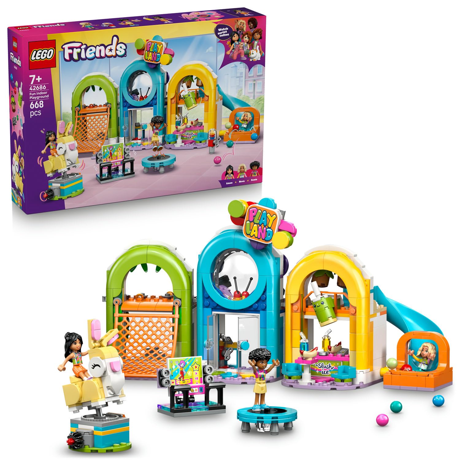 LEGO Friends Eğlenceli Kapalı Oyun Parkı 42686 – 7 Yaş ve Üzeri Çocuklar için Liann, Nova ve Sonia Mini Bebekleri ve Birçok Aksesuar İçeren Yaratıcı Oyuncak Yapım Seti, Hediye Fikri (668 Parça)