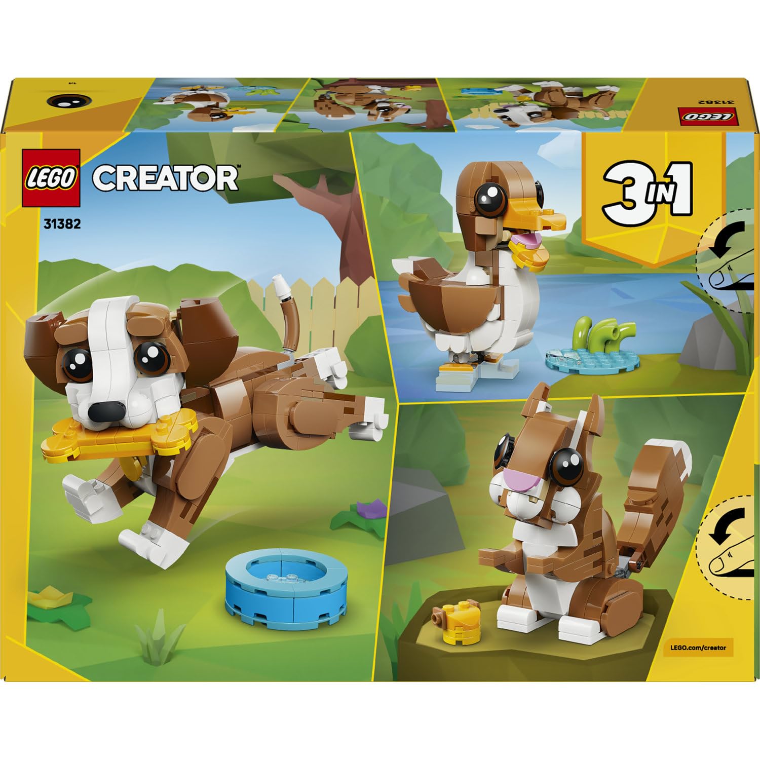 LEGO Creator 3’ü 1 Arada Sevimli Hayvanlar: Oyunbaz Yavru Köpek 31382 – 8 Yaş ve Üzeri Çocuklar için Sincap veya Ördeğe Dönüşebilen Yaratıcı Oyuncak Yapım Seti, Eğlenceli Hediye Fikri (336 Parça)
