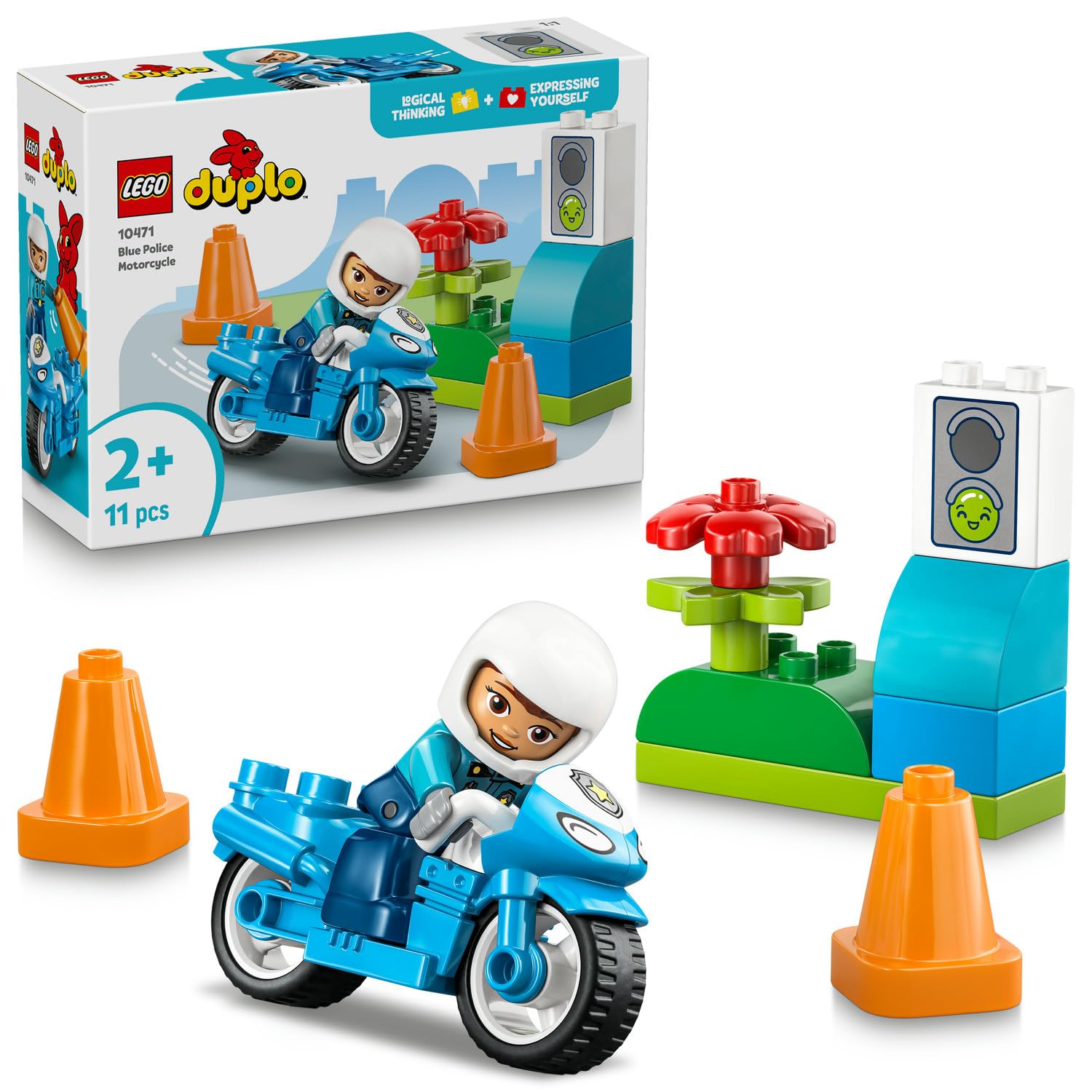 LEGO DUPLO Kasabası Mavi Polis Motosikleti 10471-2 Yaş ve Üzeri Çocuklar için Memur Figürü, Koniler ve Trafik Işıkları İçeren Eğitici Oyuncak Yapım Seti, Çocuklar için Hediye Fikri (11 Parça)