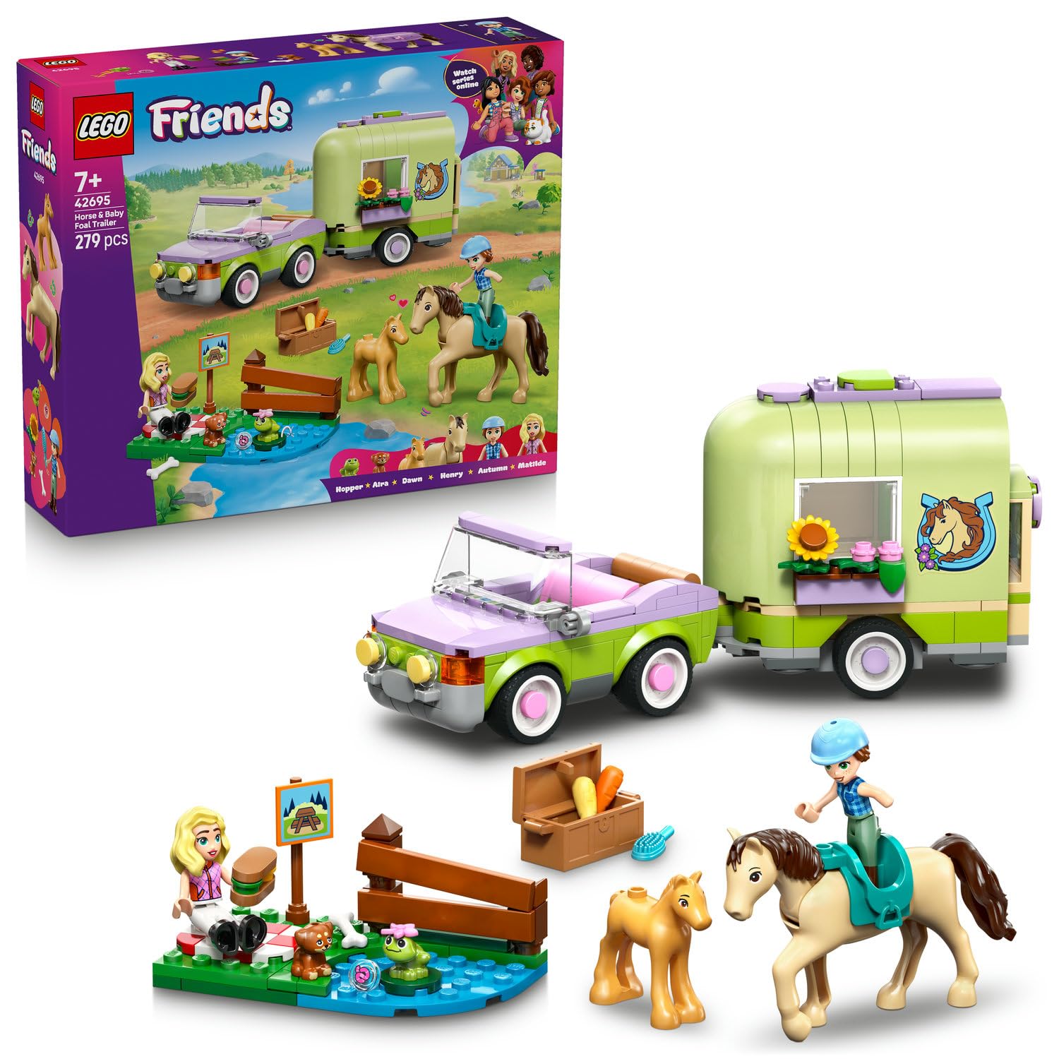 LEGO Friends At ve Tay Römorku 42695 – 7 Yaş ve Üzeri Çocuklar için Autumn ve Matilde Mini Bebekleri