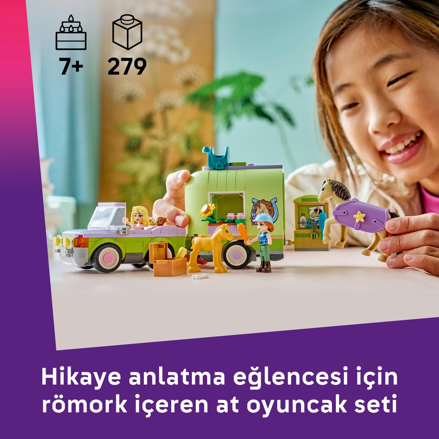 LEGO Friends At ve Tay Römorku 42695 – 7 Yaş ve Üzeri Çocuklar için Autumn ve Matilde Mini Bebekleri